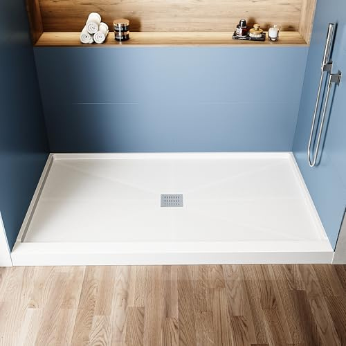 AquivaCoast 60 L X 36 W X 4 H Shower Base with Center Drain, Single Threshold Rectangle SMC Shower Pan, 304 Stainless Steel Shower Drain Cover Included, Easy Installation