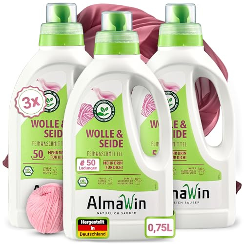 AlmaWin® Waschmittel Wolle & Seide [3x 750ml - 150 Ladungen] mit Lavendel-Duft für schonende Reinigung von Naturfasern - Seide- & Wollwaschmittel anwendbar von 20-40°C - Bio Feinwaschmittel flüssig