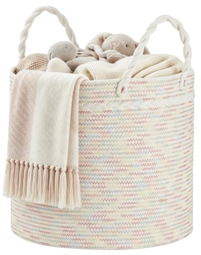 Cesta de almacenamiento grande de 40 x 40 cm, cesta de ropa trenzada de cuerda de algodón con asas trenzadas, cesta redonda para ropa y manta para mantas, cojines y juguetes, salón, arco iris, colores