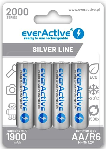everActive Batteria AA 2000 mAh, 4 pezzi, NI-MH, Mignon R6, ricaricabile, precaricata, Silver Line 1,2 V, 1 blister, argento, EHRL6-2000