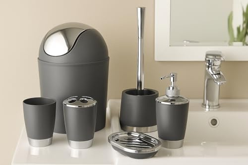 Bathlux Modern Design 6 Piece Bathroom Accessory Set, Toilet Brush, Waste Bin, Soap Dish, Tooth Brush Holder Soap Dispenser, Rinse Cup (Grey)
