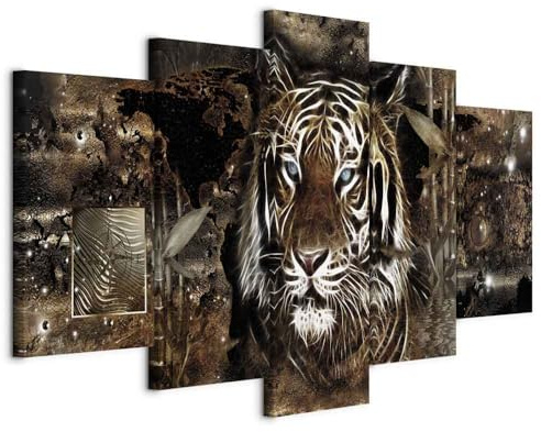 B&D XXL - Leinwandbild Tiger Abstrakt Weltkarte, 200x100 cm, 5-teilig | Hochwertige Leinwand, sofort aufhängbar, ideal fürs Wohn- oder Schlafzimmer, wasserfest und lichtecht, langlebig, stilvoll