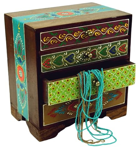 Kleines Apothekerschränkchen, handbemaltes Schubfachschränkchen, Modell 8 | Schubfachschrank aus Shishamholz, viele Fächer für Kleinkram, indischer Charme, ideal für Dekoration