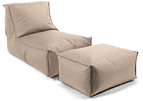 mokebo® Sitzsack mit Hocker für Kinder & Erwachsene 'Der Sundowner', Bean Bag mit Füllung oder Bodenkissen für Indoor & Outdoor, auch als Liegekissen, Relaxliege oder Liege in Beige-Khaki