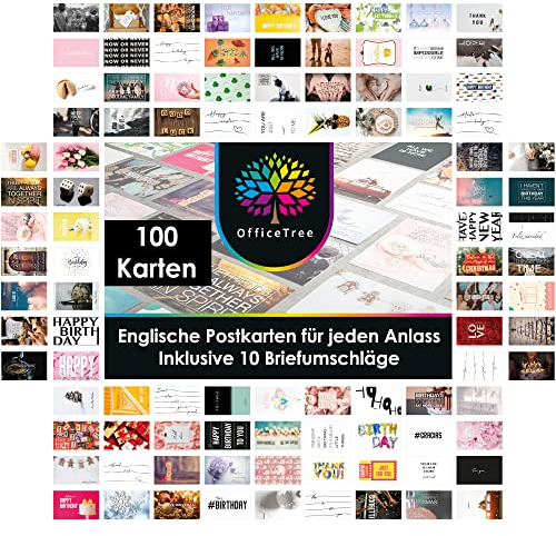 OfficeTree 100x Grußkarten Set A6 mit 10 Umschlägen - Englische Postkarten Sprüche für alle Gelegenheiten mit Hochzeit-, Geburtstags- und Weihnachtspostkarten - Postkarten Set Sprüche - Postcards