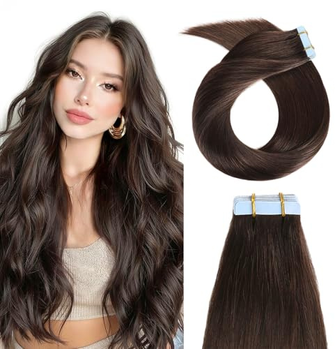 YILITE Tape Extensions Echthaar Dunkel Braun 45cm HaarverläNgerung Echthaar | Remy Echthaar Extensions Tape, Invisible Tape Extensions Echthaar, natürlich glattes Haar,Länge und Volumen hinzufügen,#2 50g