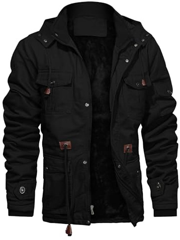 CHEXPEL Men's Thick Winter Jackets with Hood Fleece Lining Cotton Military Jackets Work Coats with Cargo Pockets Black L