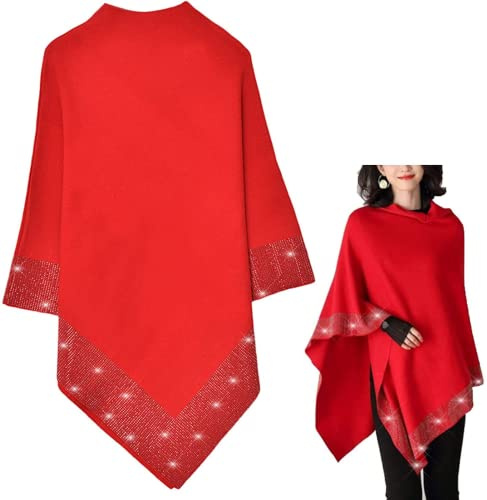 Dzhzuj Glänzender Damen-Schal aus Wolle mit Strasssteinen, leichte Schals und Wickeltücher für Abendkleider, unregelmäßiger, lockerer Strickschal, Poncho-Pullover