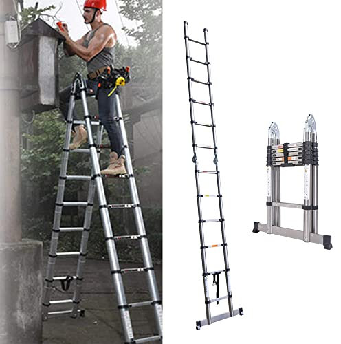Escaleras Telescópica de 3,8M, Escalera Plegable Portátil con Marco en A, Escaleras Extensibles de Acero Inoxidable, Escalera Antideslizante Multiusos para el Hogar, Capacidad de Carga 330lbs