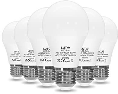 LUTW Ampoule LED E27 Blanc Chaud 3000K, 9W Equivalent 60W, Ampoules LED A60 Culot Edison à Vis, 900lm, Économie d'Énergie à Angle de Faisceau 220 °, Non Dimmable, Plastique, Lot de 6