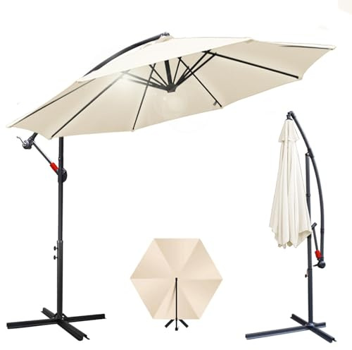 Joparri Sonnenschirm Beige Ø 300 cm mit Kurbel| Ampelschirm mit Ständer | Gartenschirm Sonnenschutz UV-Schutz Aluminium | Kurbelschirm Marktschirm wasserdicht