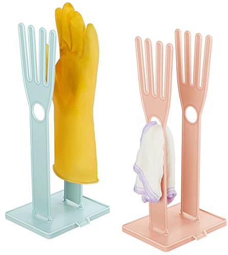 Nuenen 2 Pieces Kitchen Glove Holder Glove Drying Rack Dryer Plastic Mitten Rubber Rack Sink Stand Towel Hanger Reusable Towel Storage Holders for Sponge Food Bag Organizer, Pink and Blue