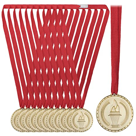 Relaxdays Goldmedaille Kinder, 12er Set, Ø 5 cm, Plastik, mit Band, Medaillenset Kindergeburtstag, Auszeichnung, Gold