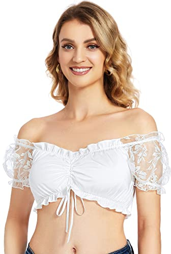Blusa Dirndl Mujer Elegante Trachten Dirndl Blouse Manga Corta Tradicional Oktoberfest Blanco Sin Tirantes 38