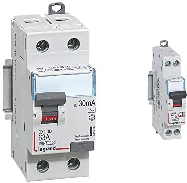 Legrand 411506 Interrupteur différentiel DX³-ID arrivée haute et départ bas à vis, 2P, 230V, 63A typeAC, 30mA, 2 modules & Disjoncteur Phase + Neutre - 16A - bornes à vis - 1 module