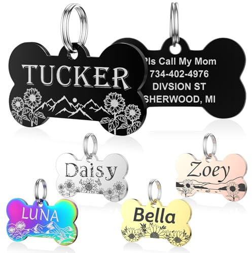 YEHANTI Hundemarke mit Gravur - Hundemarke Personalisiert mit Name, Telefonnummer und Adresse, Edelstahl Namensschild für Halsband, Anhänger Marke für Hunde, Katzen und Welpen (Knochen - Sonnenblume)