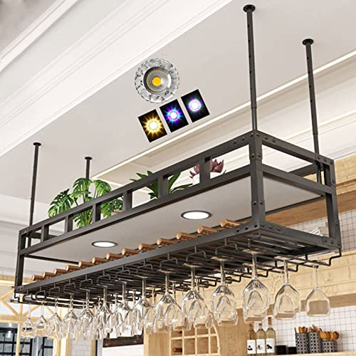 2-Layer Wine Rack Ceiling with Neon Lights Hanging Wine Glass Holder Upside Down Metal Wine Bottle Holder Decoration Wine Glass Rack Display Wine Storage Holder for Bars Cafe Restaurants Kitchens