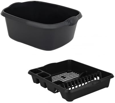 Aurora - Plastic Rectangular Washing Up Bowl & Large Dish Drainer Rack Plate Holder Kitchen Sink Set of 2 - Midnight (Darkish Grey)