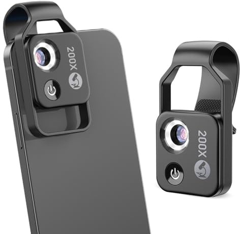 Mini microscopio de teléfono 200X con lente CPL, microscopio de bolsillo recargable por USB con clip universal para teléfono, accesorios de cámara de microscopio digital para teléfonos inteligentes