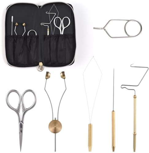 HUIOP Kit Combinato di Strumenti per Legare Mosche,Finitura a Frusta,Supporto per Bobina,infila Bobina per Esche da Pesca,Filo della Bobina per Legare Le Mosche