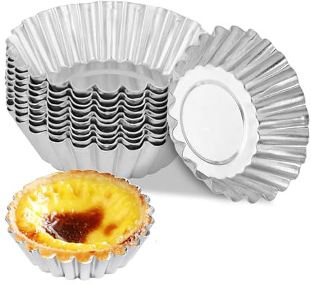 20Pcs Egg Tart Molds 7cm, Mini Silver Tone Aluminum Moulds, Reusable Fluted Tins for Air Fryer Pudding Pie Home Baking