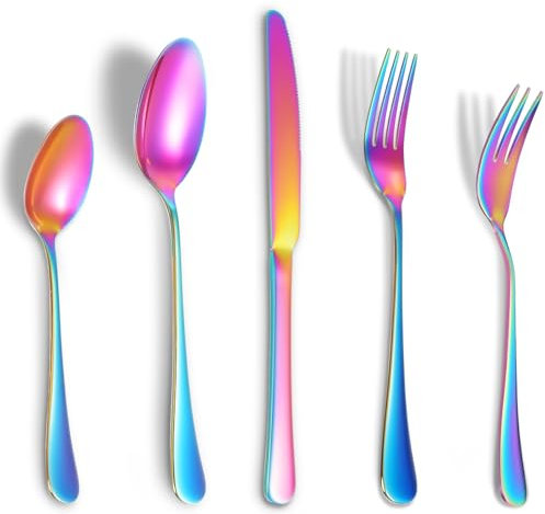 Andibro Regenbogen Besteck,5 Stück Besteck Bunt Edelstahl Essbesteck Set mit Abendessen Messer, Gabeln und Löffeln Runde Griff Reisebesteck für Party Haus Spülmaschinenfest