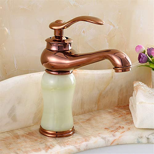 ABNNHK Cold and Hot Water Mixer Faucet Archaized Single-Hole Table Top Basin Retro Jade Bathroom Sink Faucet Single-Handled Single-Connected Belt Aerator,Rose Jin Baiyu (Rose Jin Qingyu)