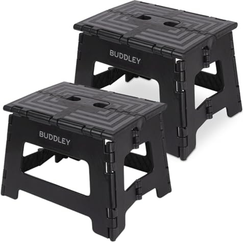 BUDDLEY Tritthocker klappbar Set 2X – 22 cm hoher Tritt mit Anti-Rutsch-Design - Tragfähigkeit bis 99 kg - ideal für Küche, Bad, Garage & Camping (Schwarz)