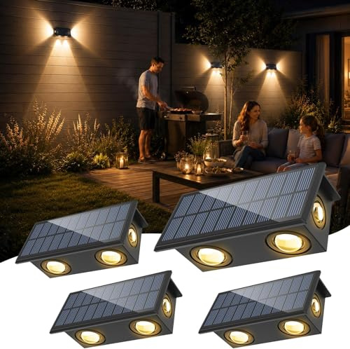 Solar Wall Lights Warm White, Fence Light Garden Ambient Atmosphere 4 Pack | IP65 Waterproof, Auto on/off, Easy Wireless Installation, Wall Lighting for Back Garden Yard, Porch, Pool, BBQ, Front Fence