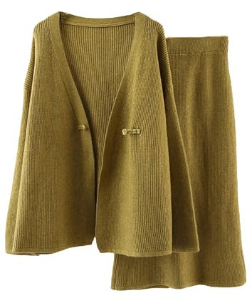 2-teiliges Strick-Set für Damen, V-Ausschnitt, Rippstrick, langärmelig, Knopf, Cardigan + A-Linie, lange Röcke, En8, Einheitsgröße