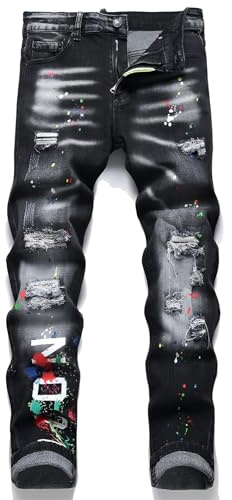 Kdtoll Vaqueros Hombre Slim Fit – Pantalones de Mezclilla Elástica con Diseño de Roturas, Estilo Hip-Hop Streetwear Y2K, Efecto de Salpicado de Tinta, Moda Casual y Versátil