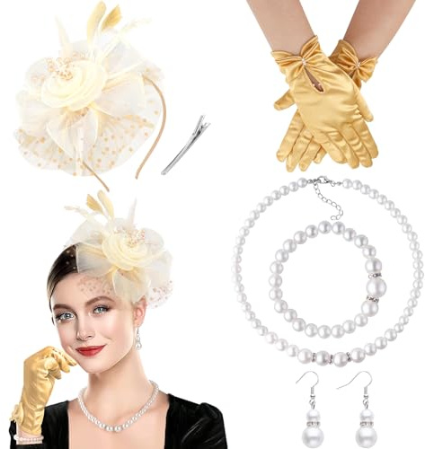 DRESHOW Fascinator Chapeau pour Femme Cocktail Tea Party Chapeaude Pilulier en Voile Maillé et Plumes Chapeau de Derby et Gants Ensemble de Bijoux en Perles pour Fille et Femmes