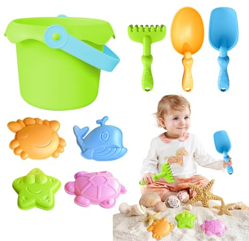 Set Spiaggia Bambino, Set di Giocattoli per la Sabbia 8 Pezzi con Secchio, Stampi di Sabbias, Pala, Giocattoli da Spiaggia per Bambini, Accessory Portatili per Costruire Castelli di Sabbia