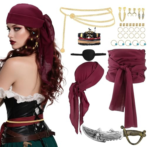ELNLE Pirate Costume Accessories Mittelalter Piratenkostüm Zubehör Damen Set mit Kopftuch Piratin Augenklappe - für Karneval Halloween Cosplay