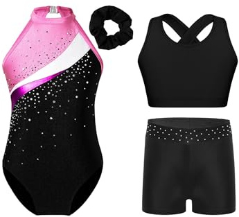 Sinleey Enfant Fille Ensemble de Gymnastique Tenue 4 Pièces Justaucorps + Short + Débardeur + Elastique des Cheveux pour Entraînement Compétition Rose 13-14 ans