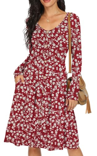 GRECERELLE Womens Long Sleeve Casual Plain Swing Dresses Button Down A-Line Midi Short T-Shirt Dress with Pockets