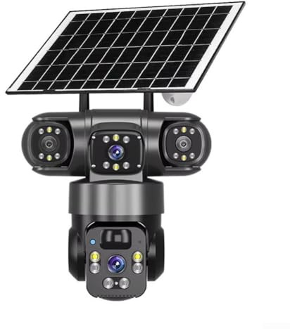 CWOQOCW Solar Powered Security Camera 4K Wireless Outdoor 360° Pan Tilt Three Lens Battery CCTV System 2.4G WiFi Surveillance(Black)