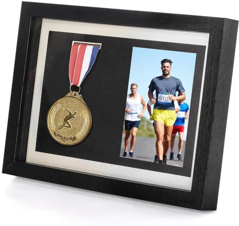 Marathon Medal Display Shadow Box, Wood Medal and Photo Display Storage Box Frame Case for Runners All Sports Winners Military Awards