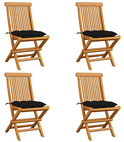 Frdhee Gartenstuhl, Esszimmerstühle, Bistrostuhl, Außen Stühle, Gartenstühle mit Schwarzen Kissen 4 STK. Massivholz Teak Für Terrasse Schwimmbad Pensionen