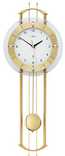 AMS Funkwanduhr 5257 mit Glänzendem, Messingfarbenem Pendel Elegante Funk Pendeluhr Design Wanduhr