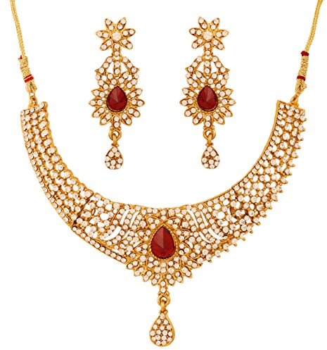 Touchstone Indian Bollywood Traditional and Pretty White Rhinestone Candy red Faux Ruby Grand Bridal Designer Jewelry Necklace Set for Women in Antique Gold Tone