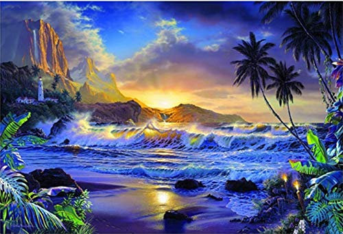 YEESAM ART Neuheiten Malen nach Zahlen Erwachsene Kinder, Sonnenuntergang Meer Strand Kokosnuss Baum 40x50 cm Leinen Segeltuch, DIY ölgemälde Weihnachten Geschenke