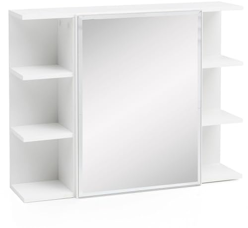 FineBuy Hängeschrank 80x20x64,5 cm Weiß mit Spiegel, Badregal | Spiegelschrank freischwebend mit 6 offenen Fächern, Wandschrank kratzfest, Schränkchen fürs Badezimmer