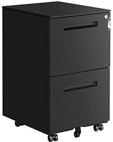 SONGMICS Rollcontainer, mobiler Aktenschrank mit 2 Schubladen, abschließbar, für Bürodokumente, vormontiert, 39 x 45 x 69,5 cm (L x B x H), Mattschwarz OFC52BK