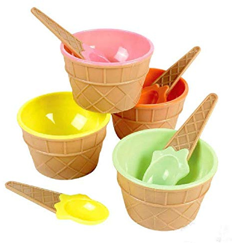 Swan household ® - Set of 4 Multi Colour Plastic Ice Cream Cup with Spoon Lovely Dessert Bowl (Green, Red, Pink, Yellow) (1)