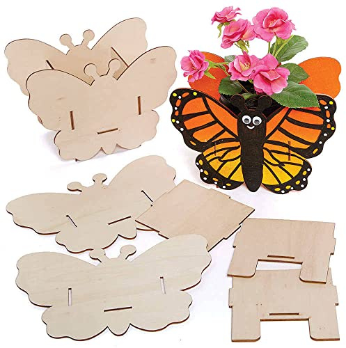 Baker Ross FC824 Schmetterling Blumentopf Holzbastelset - 3er Pack, Bastelsets aus Holz für Kinder zum Basteln, zum Bemalen und Dekorieren