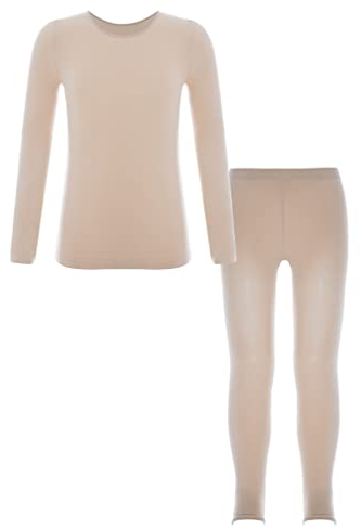 Agoky Mädchen Thermo Unterwäsche Set Langarm Shirt und Lange Unterhose Ballett Tanz Training Kleidung Zweiteiler Sport Outfits A Nude 110-116