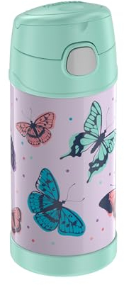 THERMOS kids FUNTAINER STRAW BOTTLE 0,35l, butterflies, Thermosflasche für Kinder aus Edelstahl, mit Strohhalm, 12 h kalt, absolut dicht, für Schule, Kindergarten, Pause