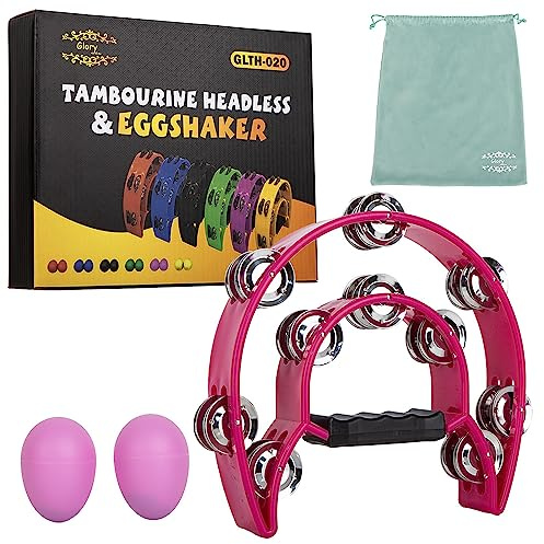 Glory Double Row Tambourine, Half Moon Double Row Metal Jingles Hand Held Instruments Percussion with Handle Grip, Tambourines for Adults, Party,Gift,Pink