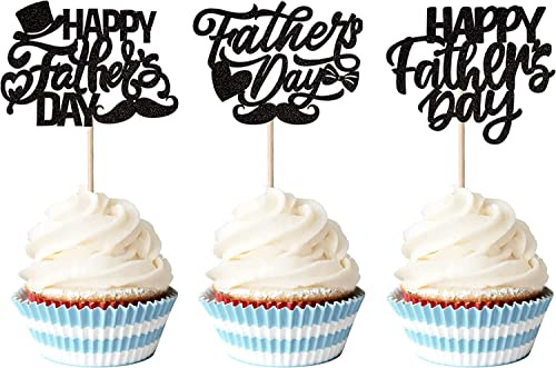 Pack of 24 Happy Father's Day Cake Decorations Glitter Best Dad Cupcake Toppers Love Dad Moustache Hat Cake Decoration for Father's Day Theme Party Men Birthday Party Cake Decoration Black